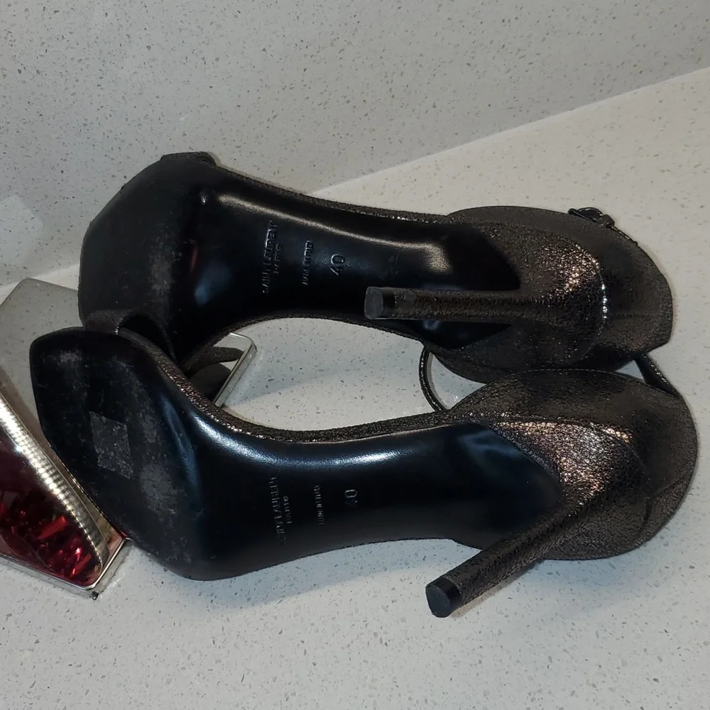 YSL shiny black-silver heeled sandals (sz 40) - Picture 7 of 11